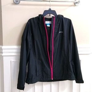 Columbia light weight black jacket with pink zipper, EUC